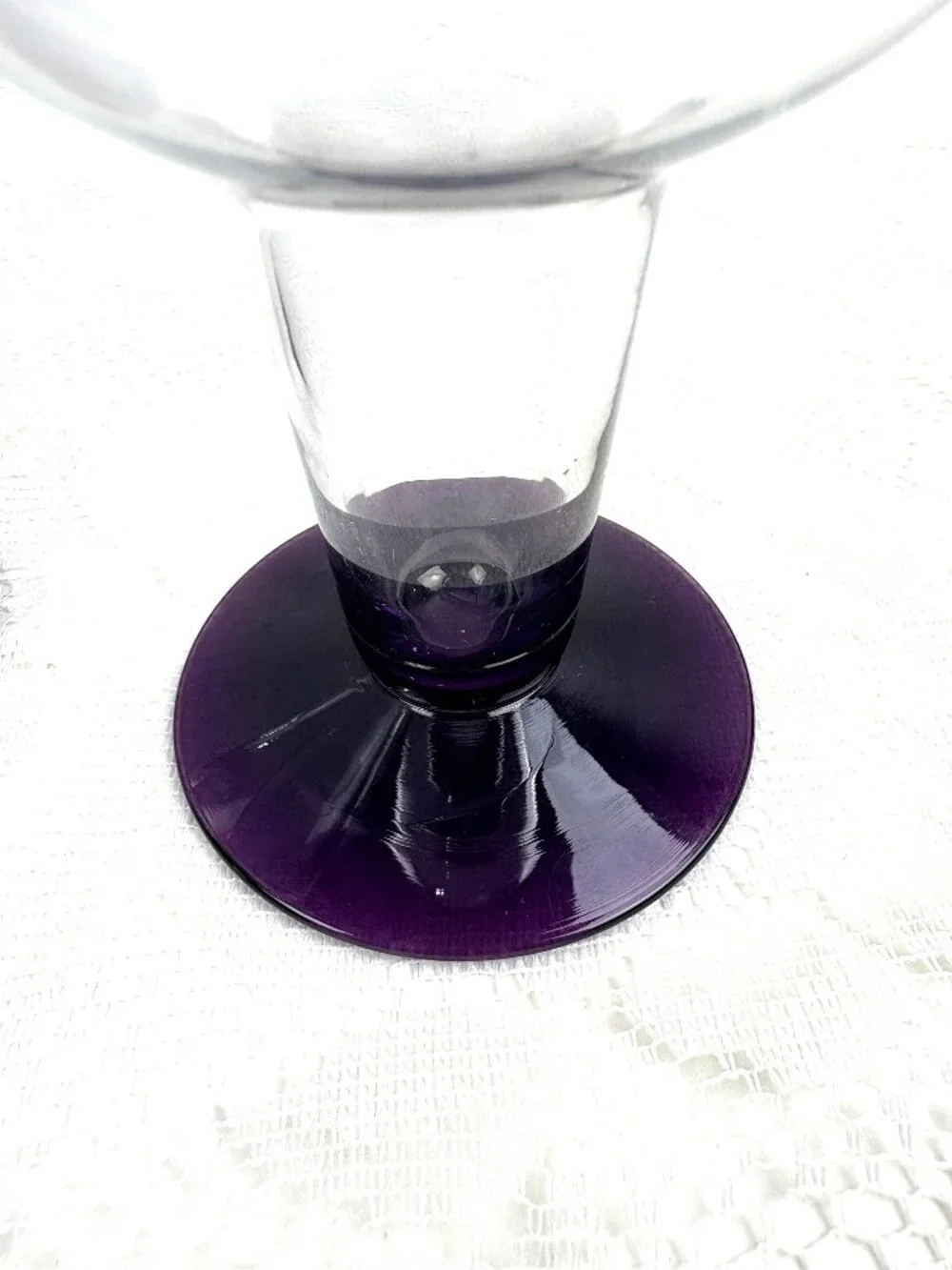 Vintage Clear Glass Hollow Stem Goblets Amethyst Purple Base - Set of 2